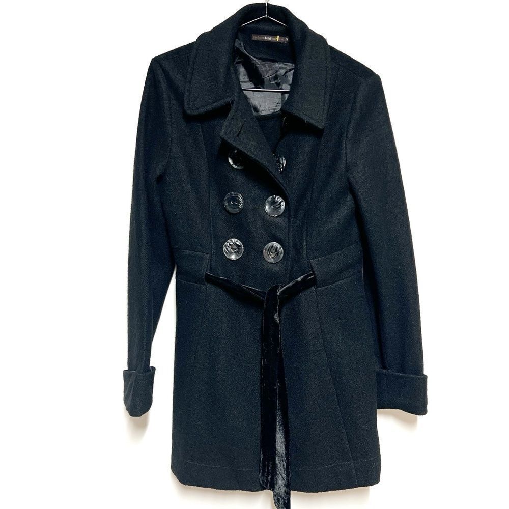 Anthropologie Hazel Black Tweed Long Line Double Breasted Wool Blend Pea Coat S